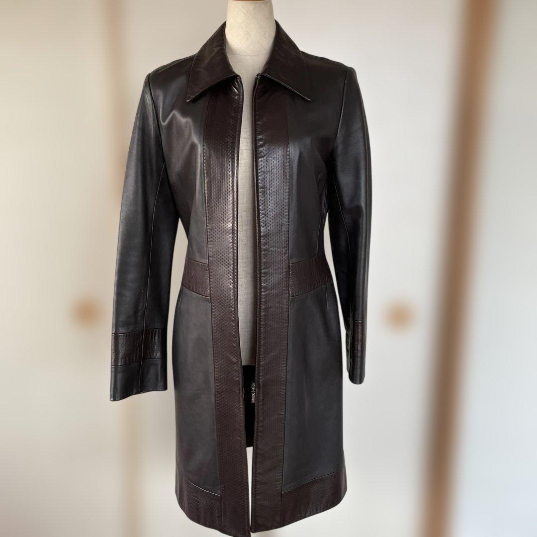 LANVIN レザーコート 38 ダークブラウン