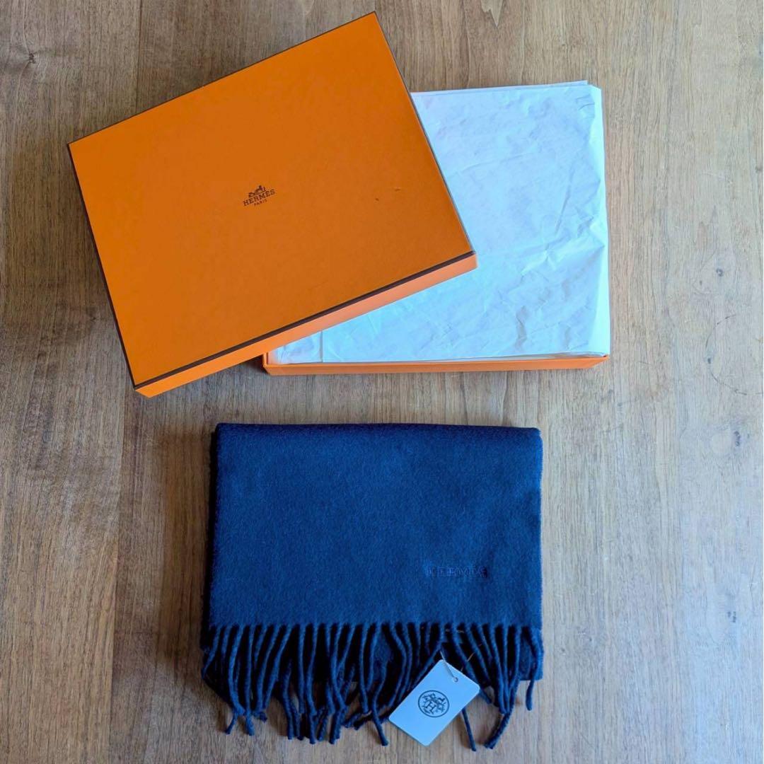新品 タグ付き エルメス カシミヤ 1マフラーブルー ネイビー イギリス製