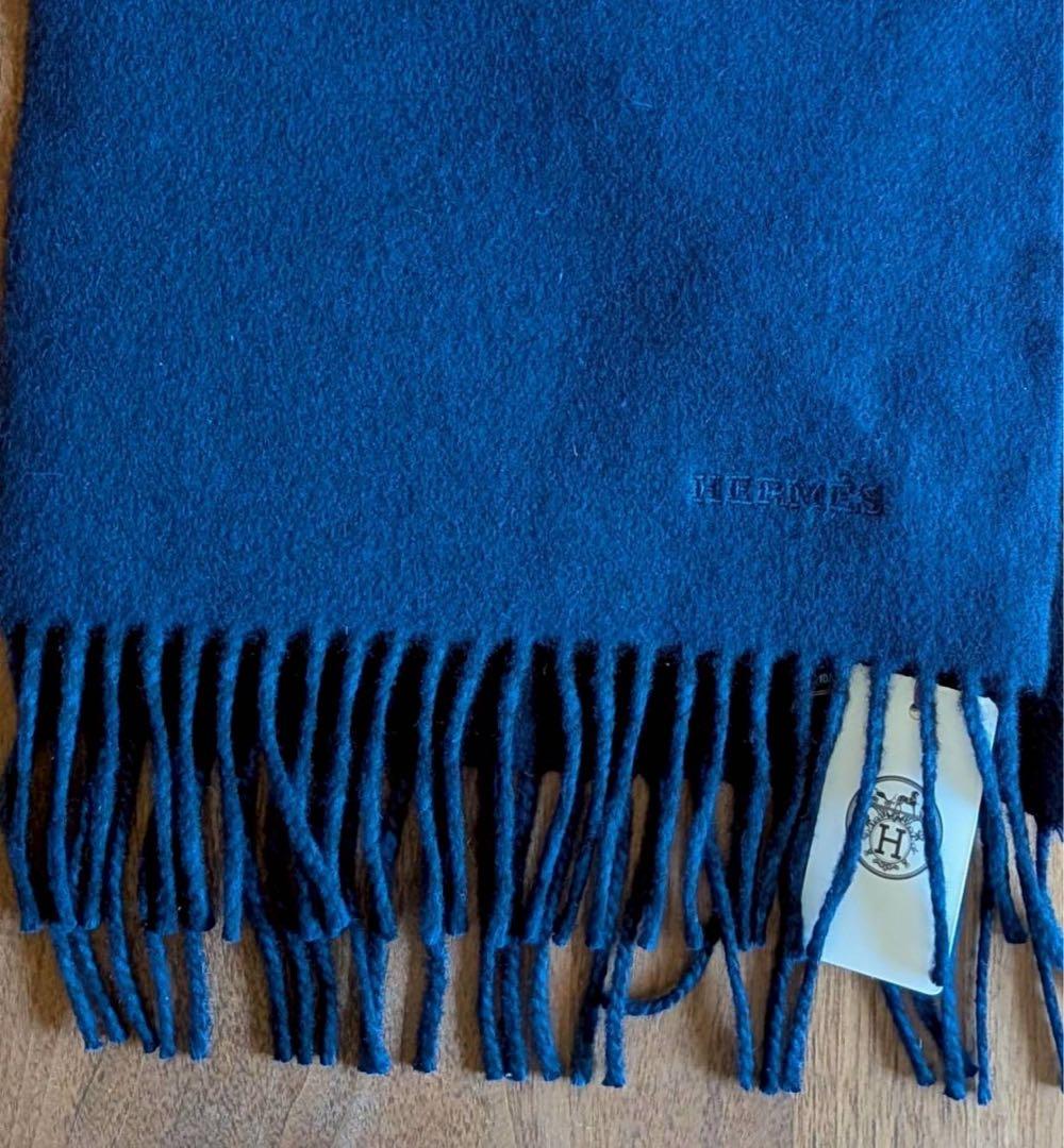 新品 タグ付き エルメス カシミヤ 1マフラーブルー ネイビー イギリス製
