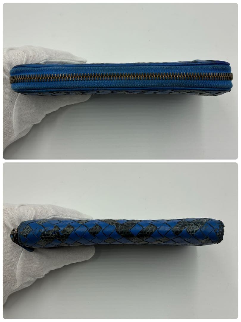 ボッテガヴェネタ　長財布　イントレチャート　ラウンドファスナー　青　パイソン