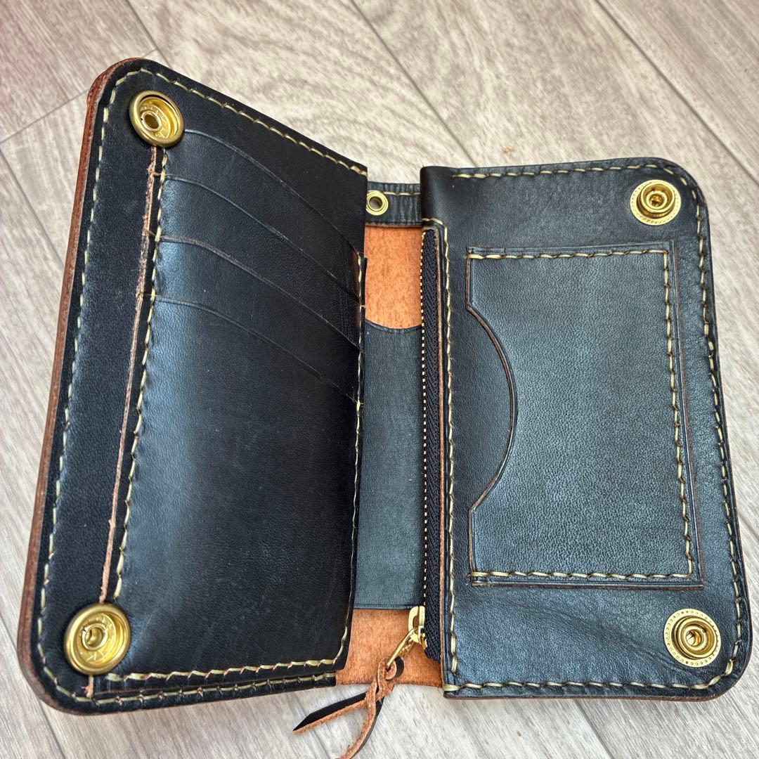 【茶芯ブラック】ミドルトラッカーウォレット　真鍮　お札を折らずに収納　タイプB