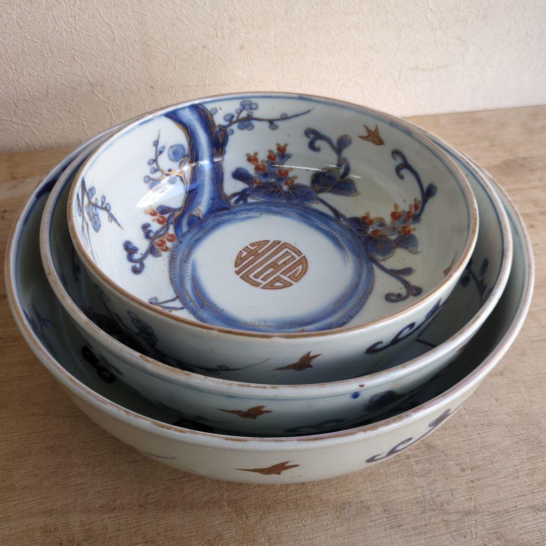 骨董 古伊万里 三っ丼 大中小 鉢 染め付け 花と鳥 二重高台 器