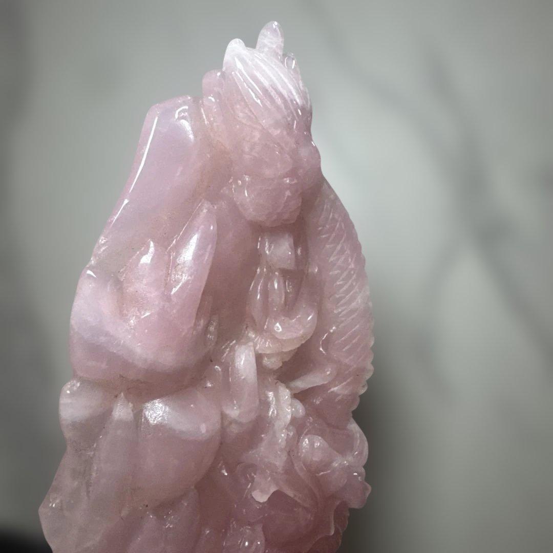 ローズクォーツ 龍彫刻 置物 天然石 一点物　おまけあり