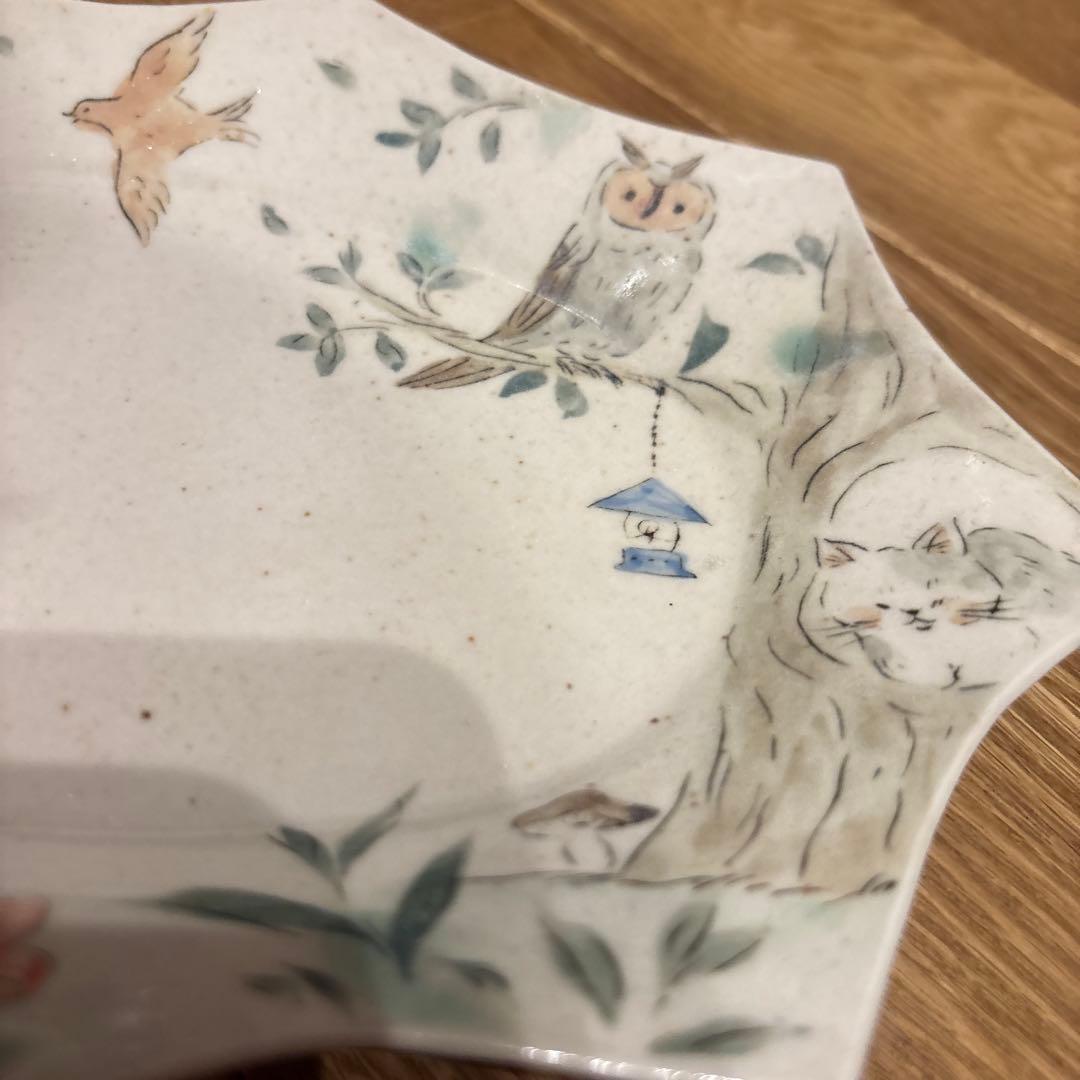 長谷川風子　スケッチ　八角形の鳥とフクロウの皿　オーバル