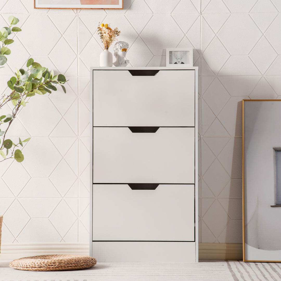 ホワイト色 下駄箱 3段 シューズラック 玄関収納 引き出し ひとり暮らし