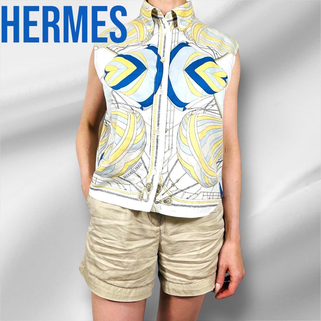 HERMES エルメス　幾何学模様 半袖シャツ コットンシャツ　ノースリーブ
