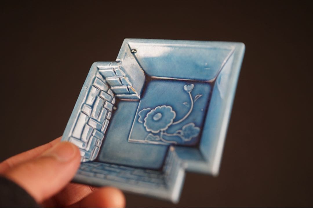 淡路珉平焼 青釉 花文 隅切角小皿 13客 / 角皿 向付 豆皿 懐石料理道具