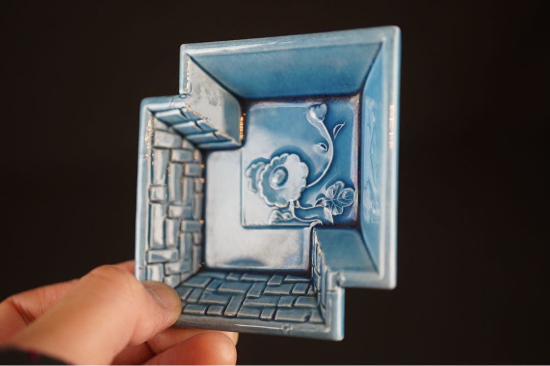 淡路珉平焼 青釉 花文 隅切角小皿 13客 / 角皿 向付 豆皿 懐石料理道具