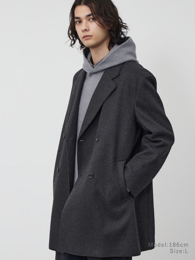 【PLST】ダブルブレストコート　ダークグレー　L