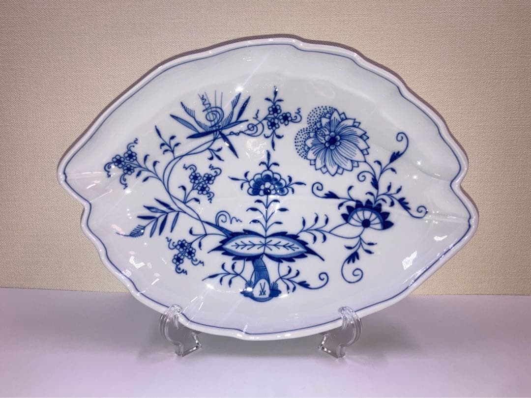 マイセン　ブルーオニオン　リーフプレート　葉脈