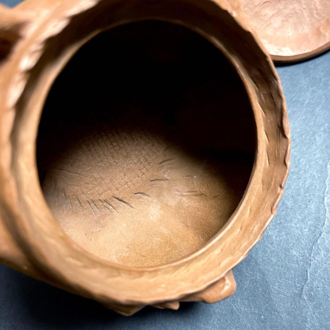 田島万古焼 勝三窯　手捻り急須と湯呑　葡萄　蛙摘み3点セット