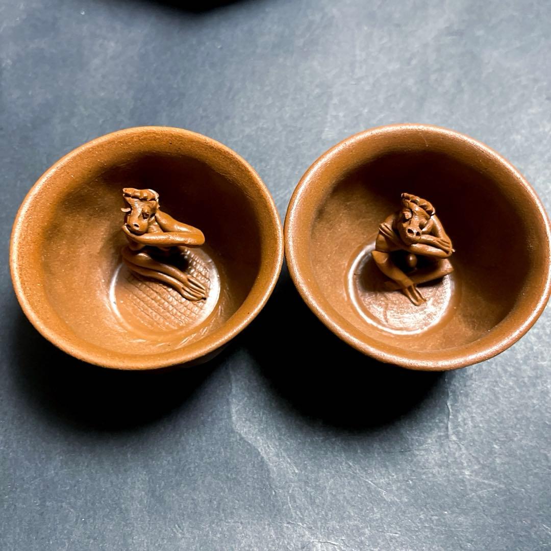 田島万古焼 勝三窯　手捻り急須と湯呑　葡萄　蛙摘み3点セット