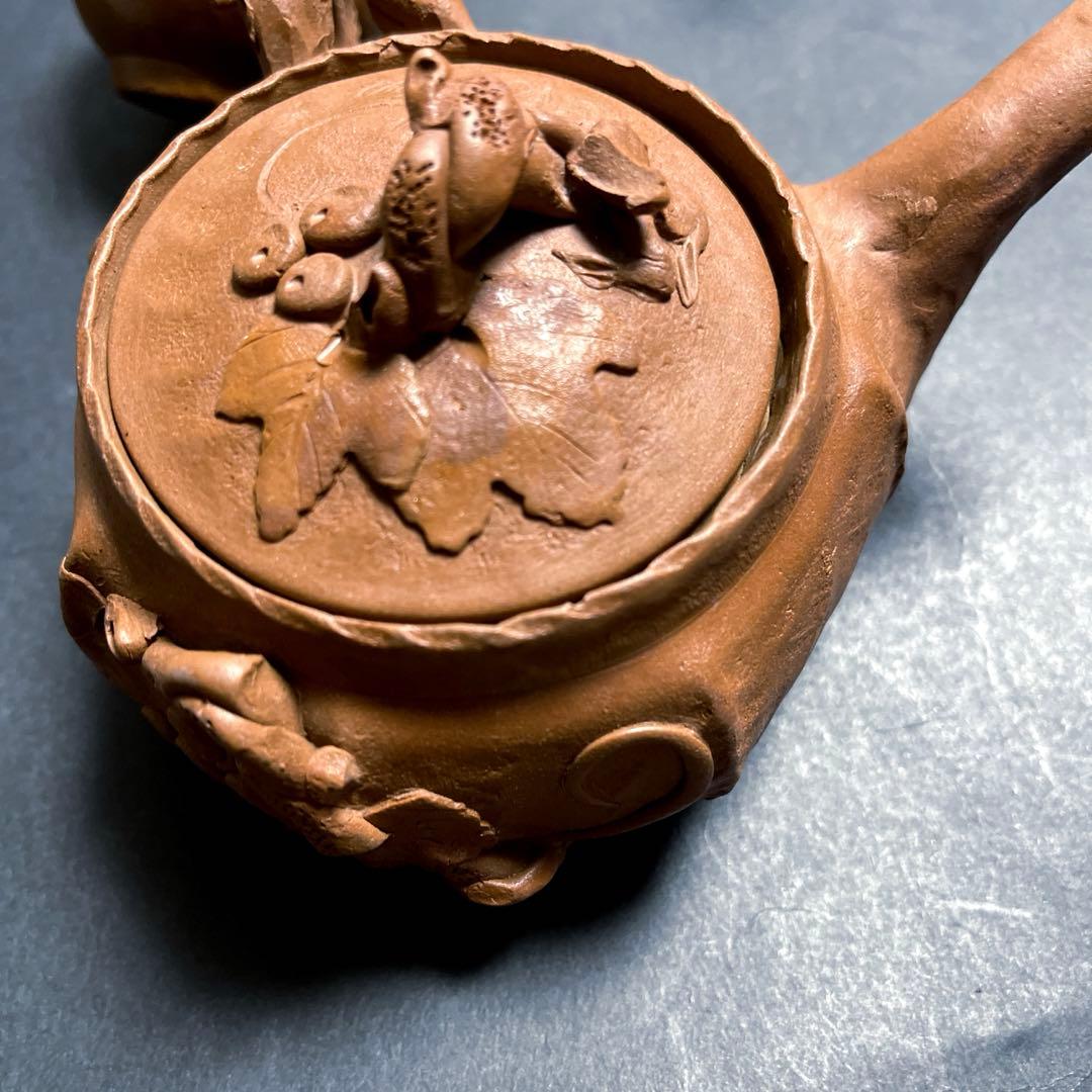 田島万古焼 勝三窯　手捻り急須と湯呑　葡萄　蛙摘み3点セット