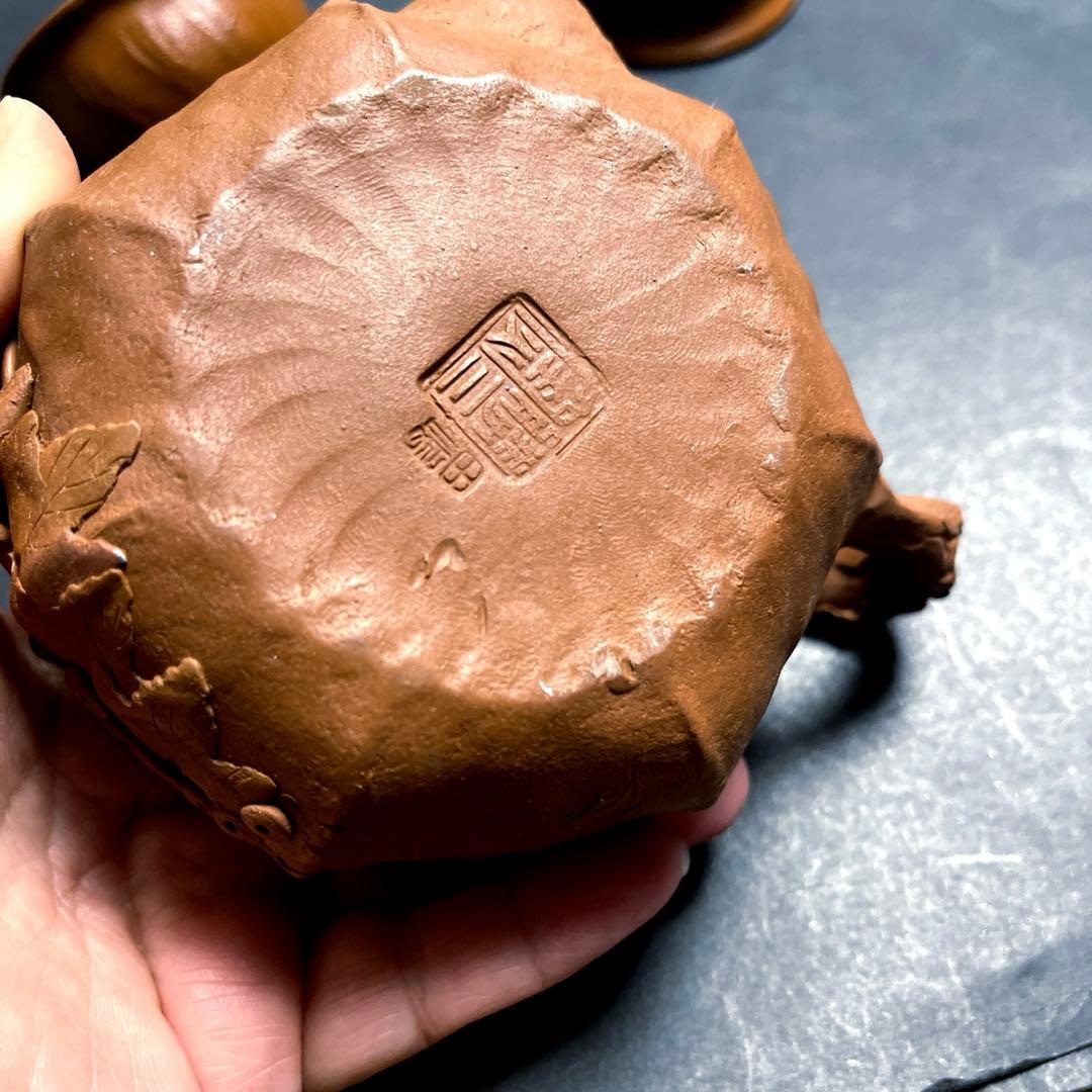 田島万古焼 勝三窯　手捻り急須と湯呑　葡萄　蛙摘み3点セット