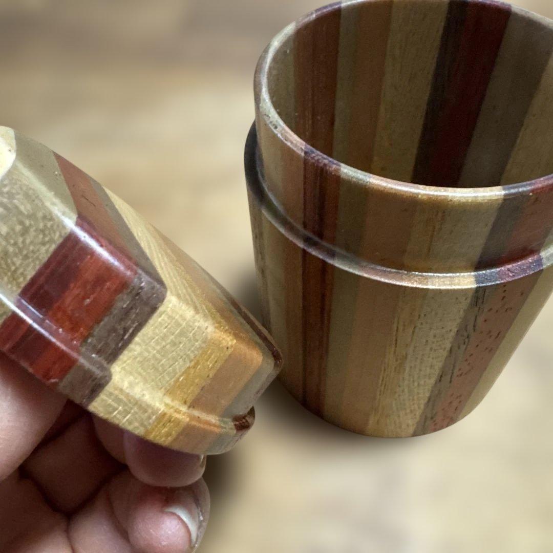 【未使用】箱根寄木細工 茶筒（中蓋付き） シマ模様 伝統工芸品 天然木 無垢作り