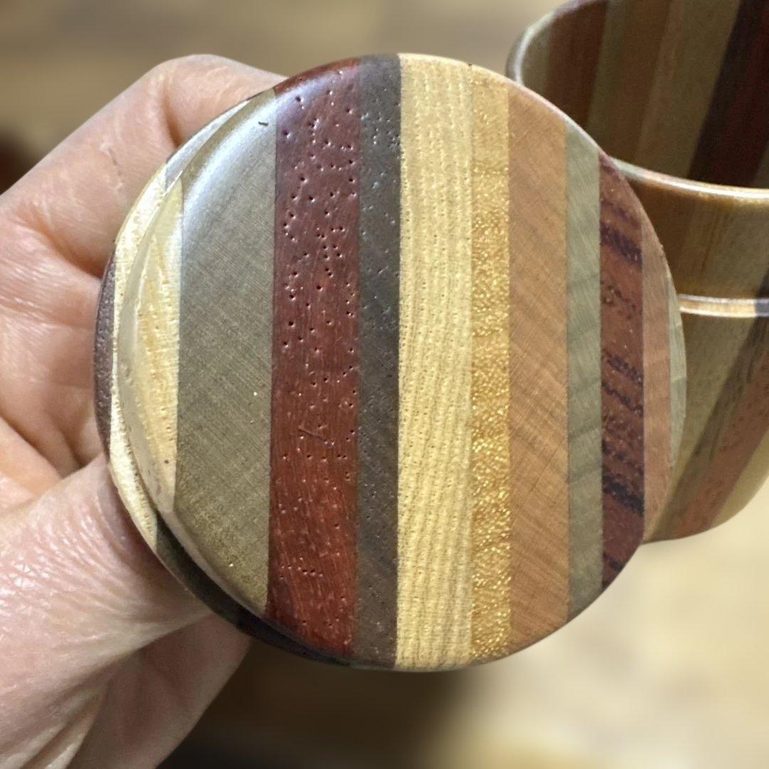 【未使用】箱根寄木細工 茶筒（中蓋付き） シマ模様 伝統工芸品 天然木 無垢作り