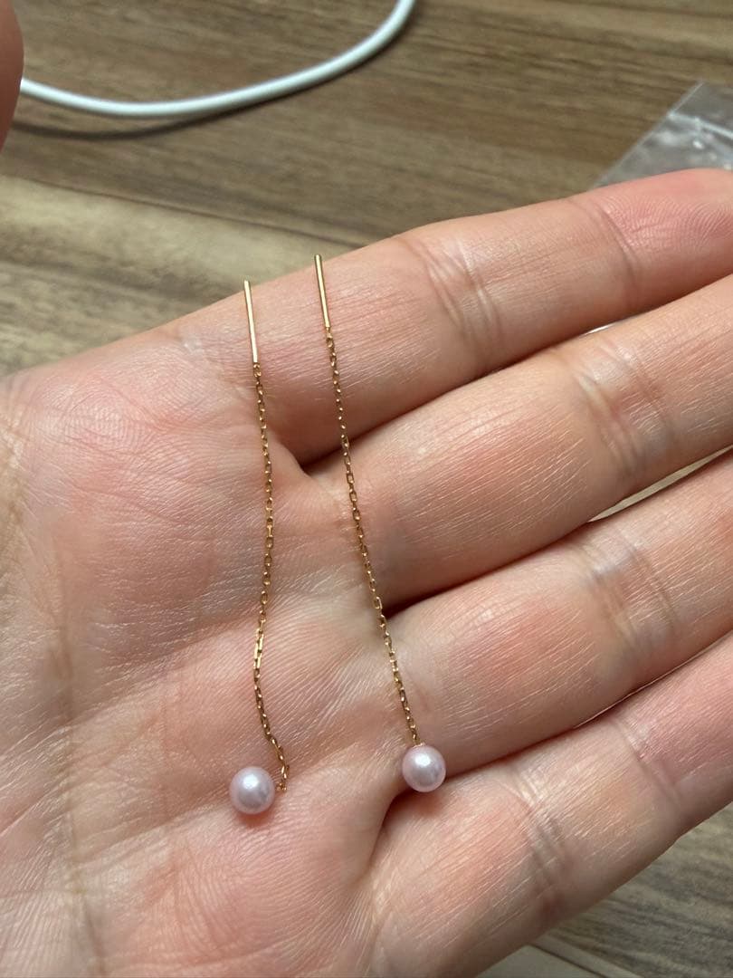 K18　アメリカンパールピアス　ゴールド ロングピアス　チェーンピアス