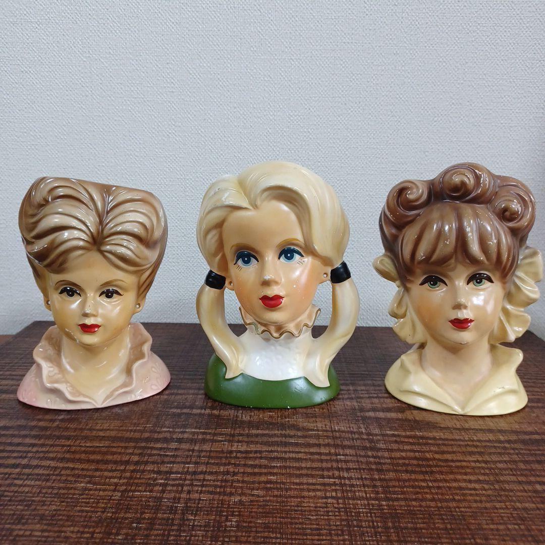 ビンテージ レディヘッドベース 陶器製の置物花瓶　美しい女性　３点セット