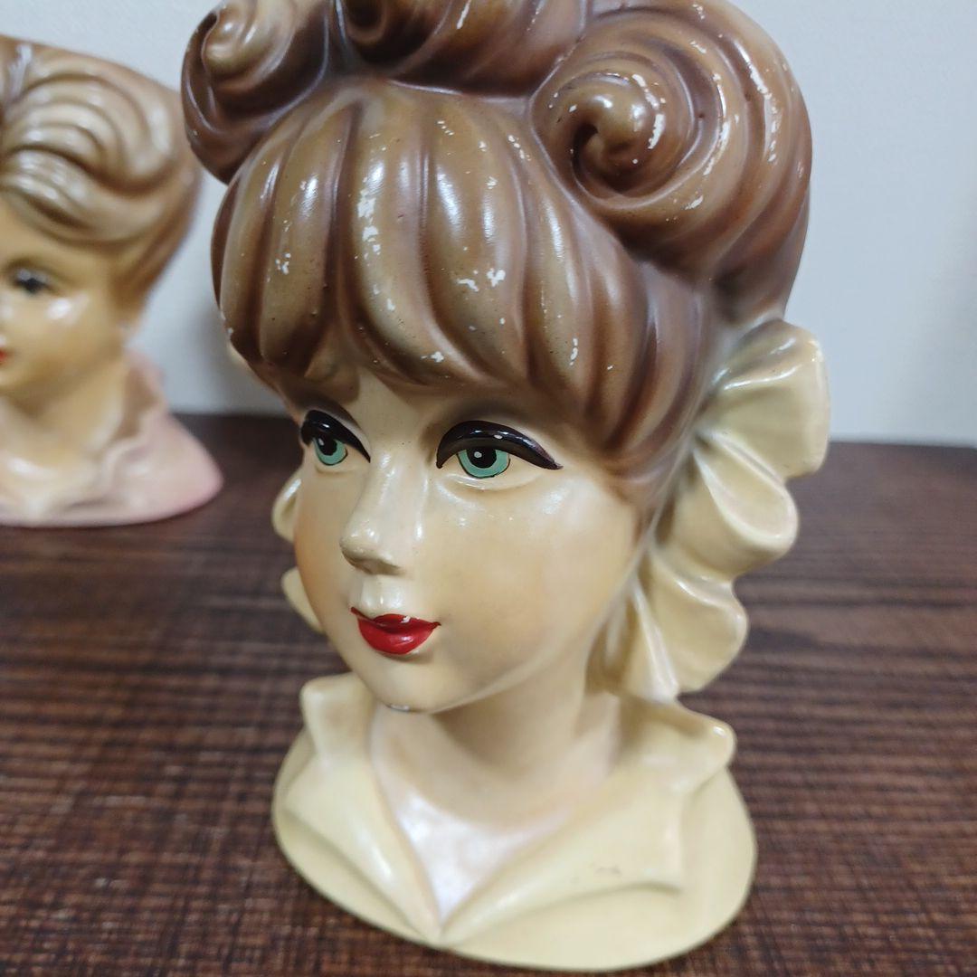 ビンテージ レディヘッドベース 陶器製の置物花瓶　美しい女性　３点セット