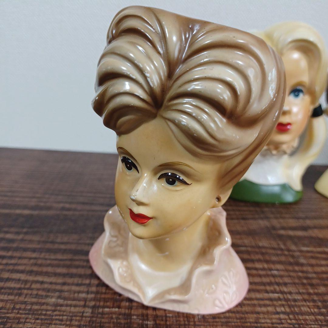 ビンテージ レディヘッドベース 陶器製の置物花瓶　美しい女性　３点セット