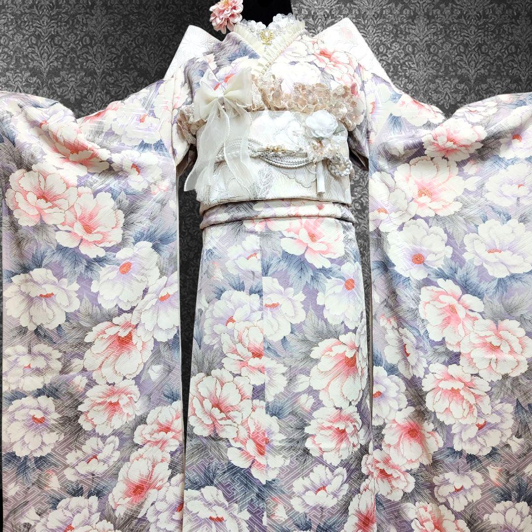 振袖フルセット(8点)・成人式・金彩加工・くすみ・花模様・やまと誂製・胴裏正絹