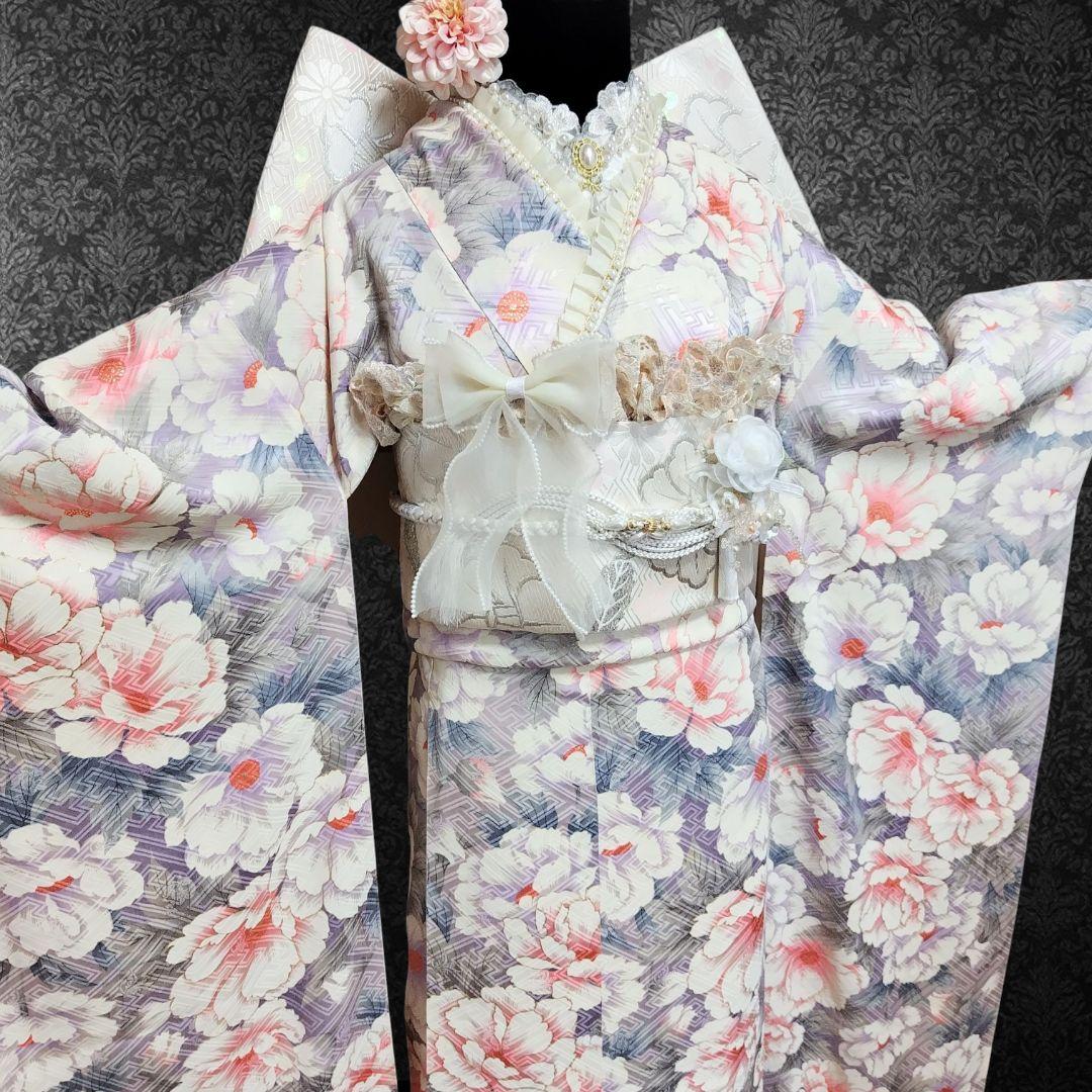 振袖フルセット(8点)・成人式・金彩加工・くすみ・花模様・やまと誂製・胴裏正絹