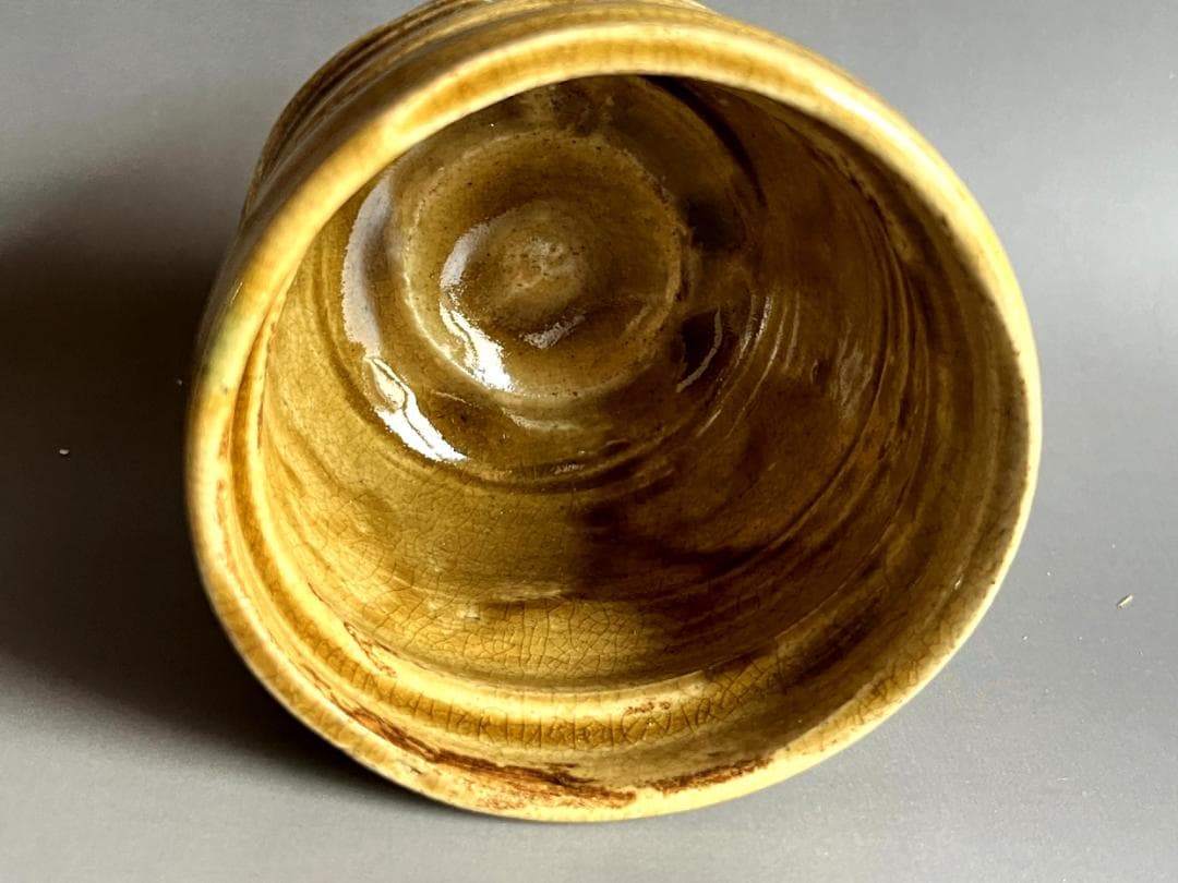 茶碗■黄瀬戸 筒茶碗 織部窯 八代【加藤実作】号加実 時代物 骨董品■