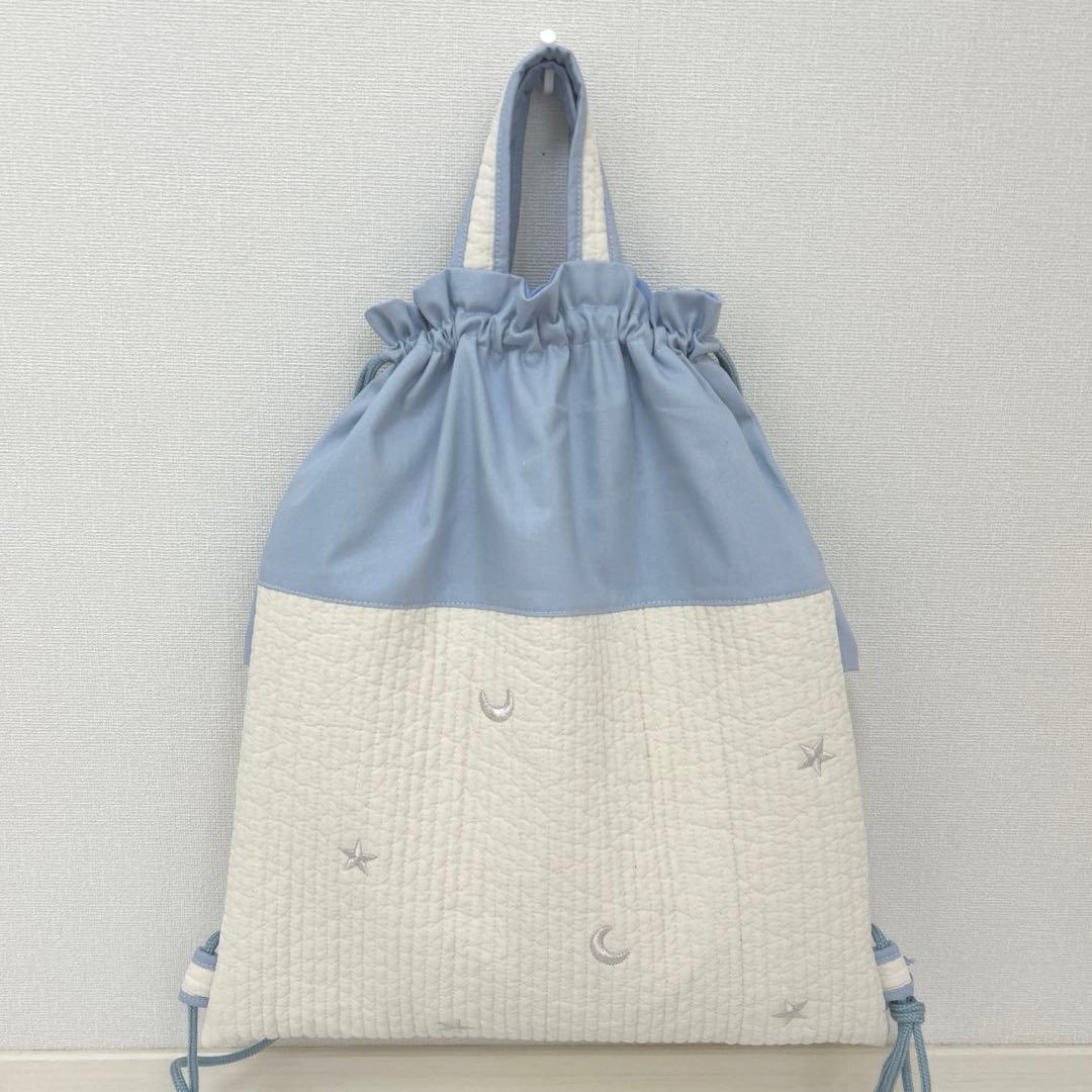 入園入学3点セット　【月と星ヌビ×水色】　女の子　レッスンバッグ　上靴袋　体操服