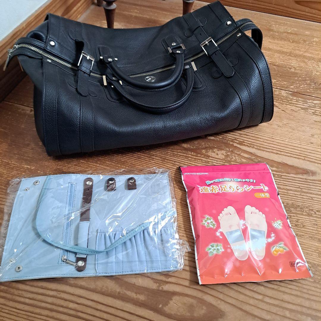 新品メルセデスベンツ黒ボストンバッグ&JAL アクセサリー入れ、遠赤足うらシート