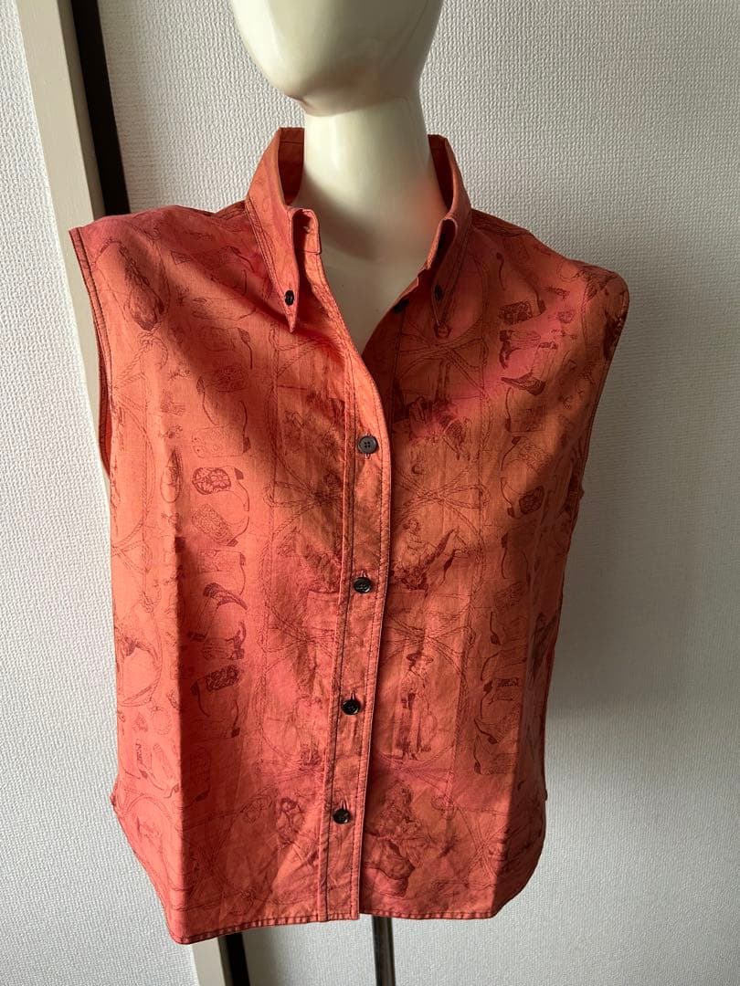 HERMES オレンジ プリント ノースリーブシャツ