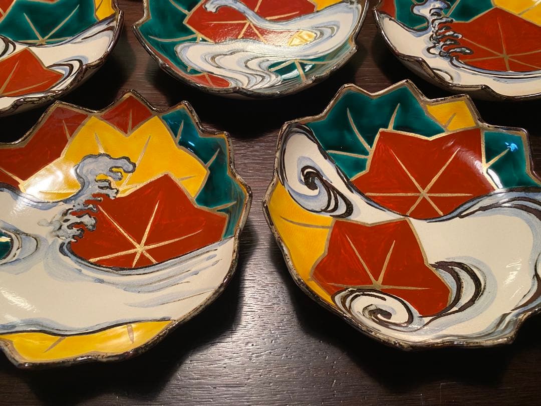 乾山写呉須入り竜田川文向付7種7色絵がわり 7客　清水焼　京器　懐石向付