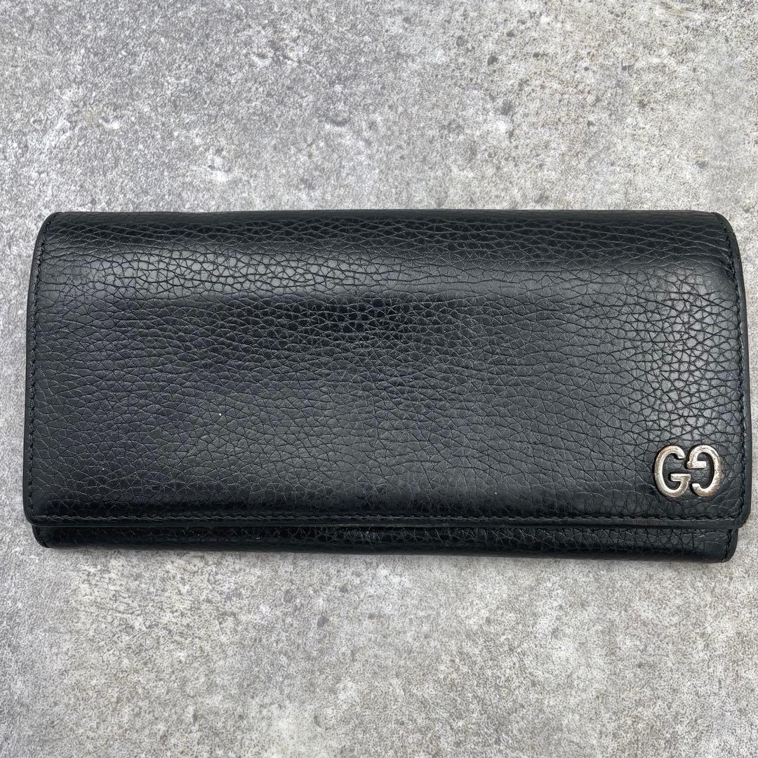 【美品】GUCCI グッチ　長財布　レザー　黒　ブラック　シボ革　折り財布