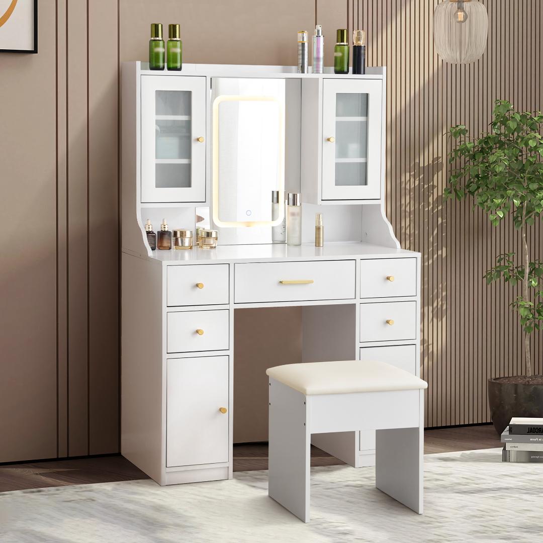 ドレッサー 化粧台 テーブル 鏡台 コンセント付き ライト付き 3色LED