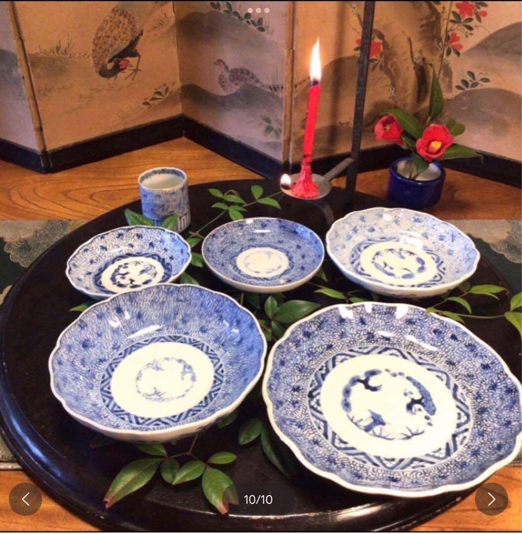 A929 古伊万里　染付　微塵唐草　萩唐草　輪花型中皿　浅鉢　　5枚