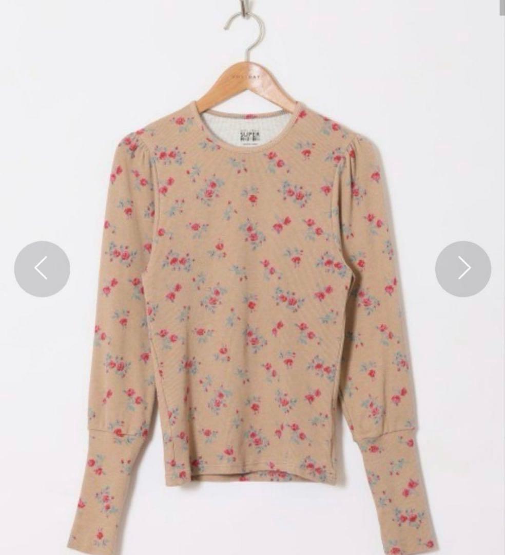 HOLIDAY 花柄　スーパーリブ　パフ　ロングスリーブ　トップス