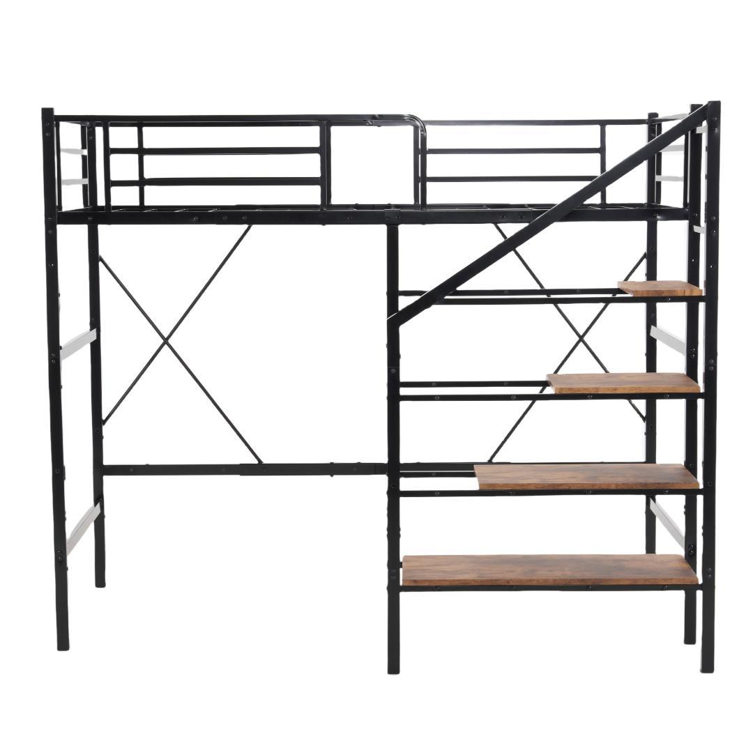 【シングル】システムベッド　階段付き　スチール　パイプベッドフレーム　BLACK