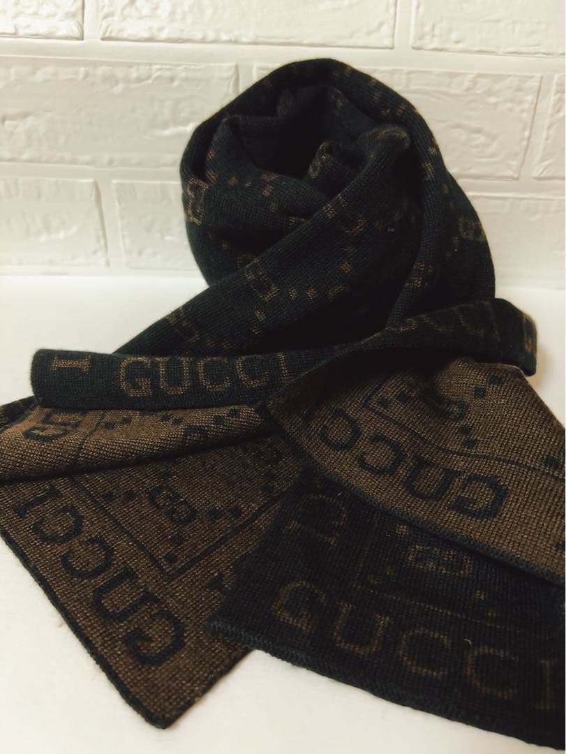 グッチ　GUCCI マフラー　GG ブラック×ブラウン