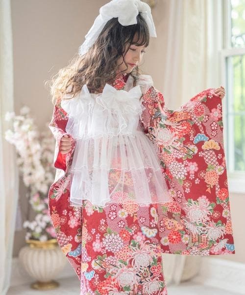 七五三 3歳 着物ワンピース キャサリンコテージ チュールフリル 被布（赤）