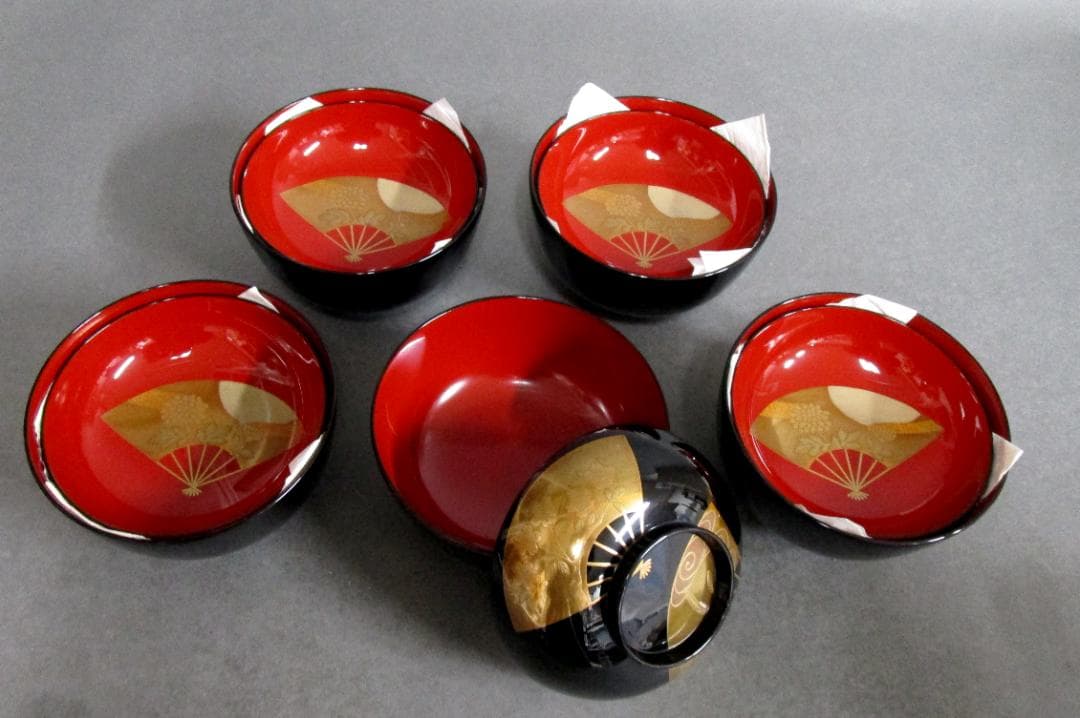 輪島塗［扇面蒔絵 煮物碗］5客揃い　購入先：松坂屋　購入価格：65万円