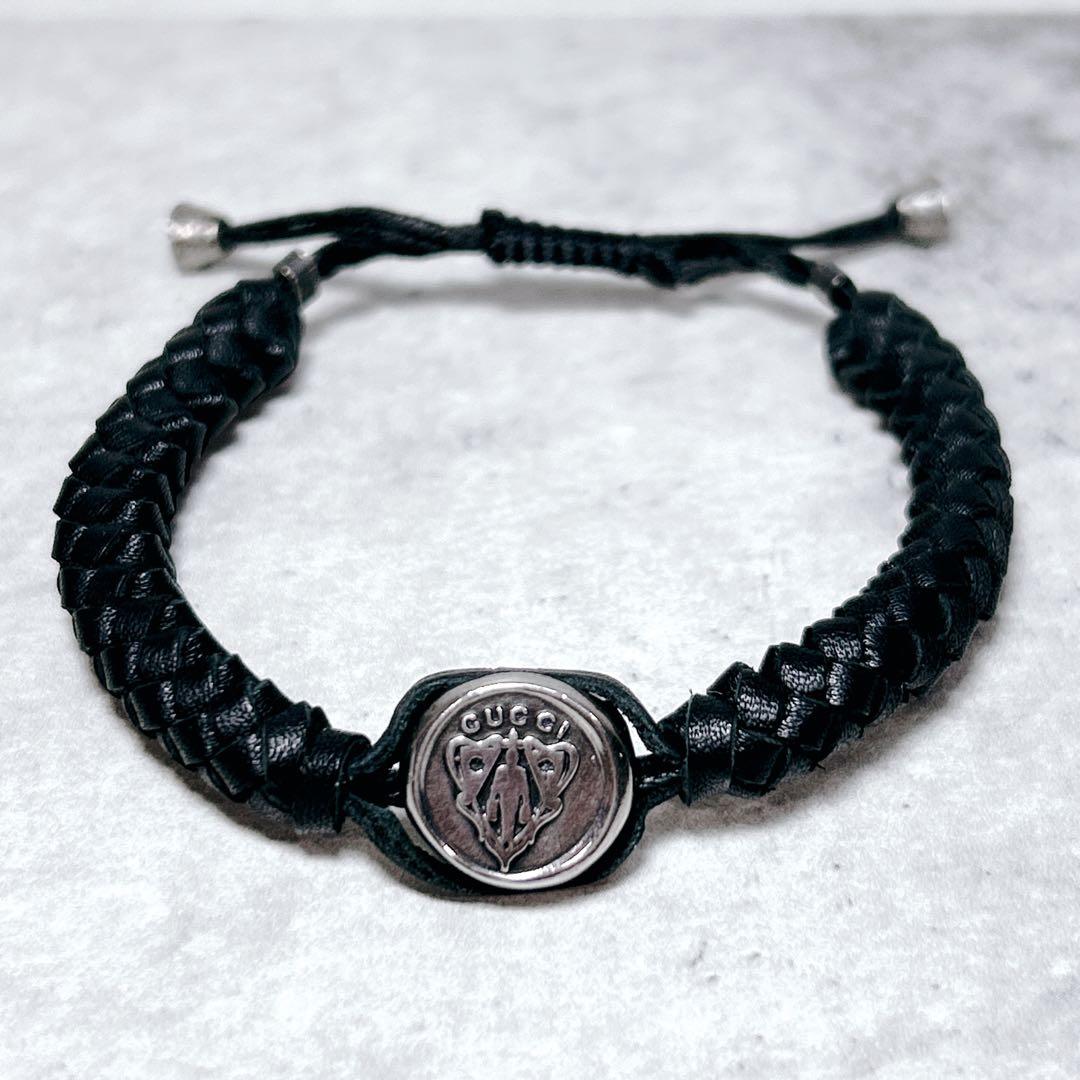 GUCCI グッチ クレスト シルバー925 レザーブレスレット 編み込み 黒