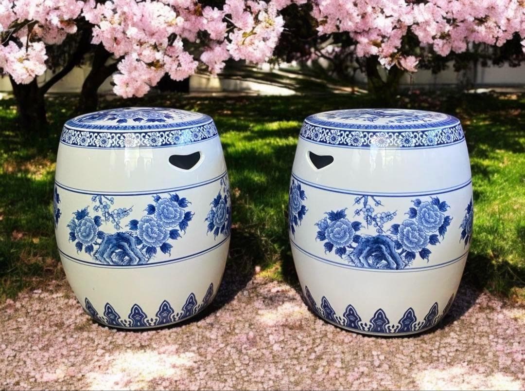 2個★シノワズリスタイルの陶器製ガーデンスツール　高さ40cm　座面直径29cm