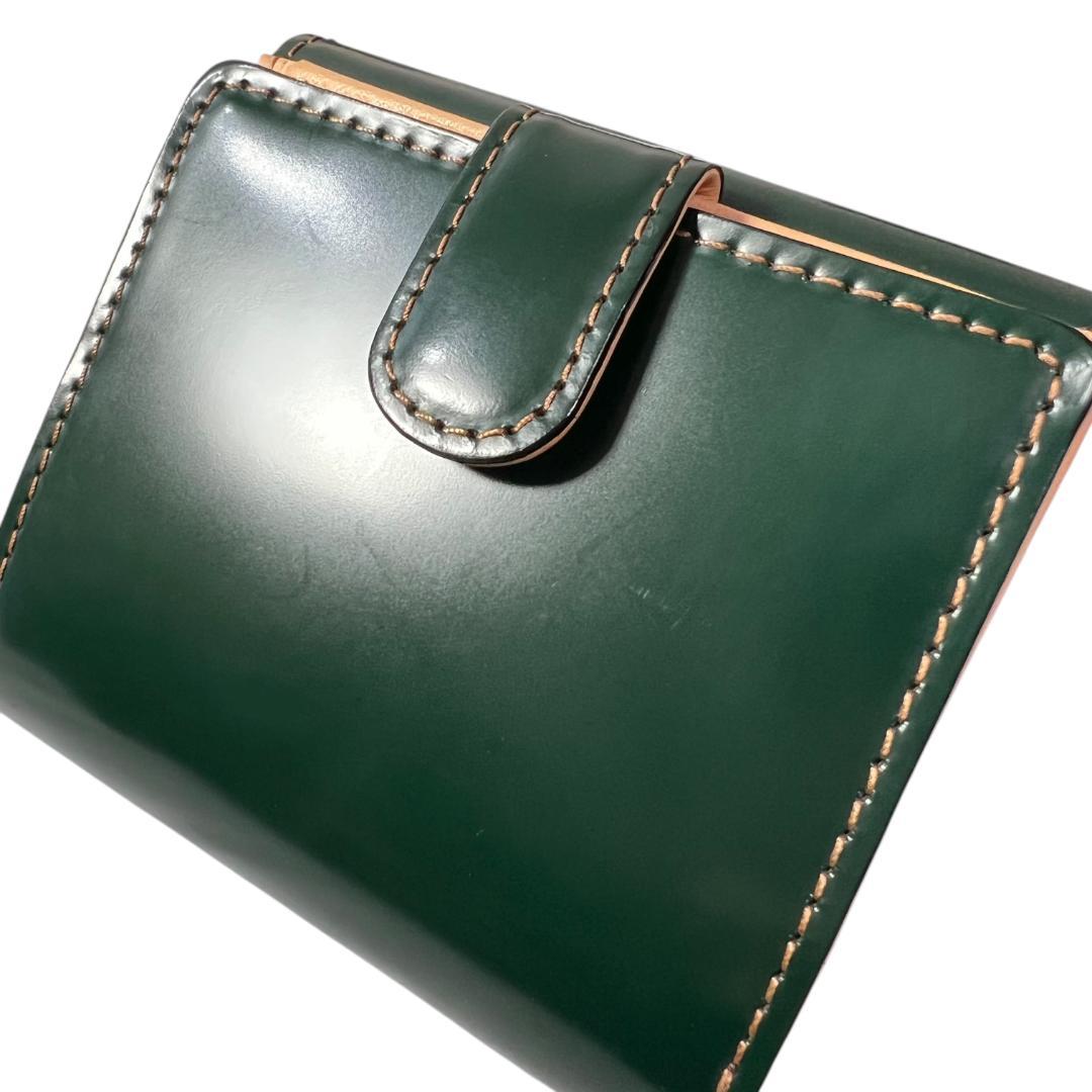 大峽製鞄OHBA コードバン 二つ折り財布 グリーン 緑 ナチュラル　大峡OA1