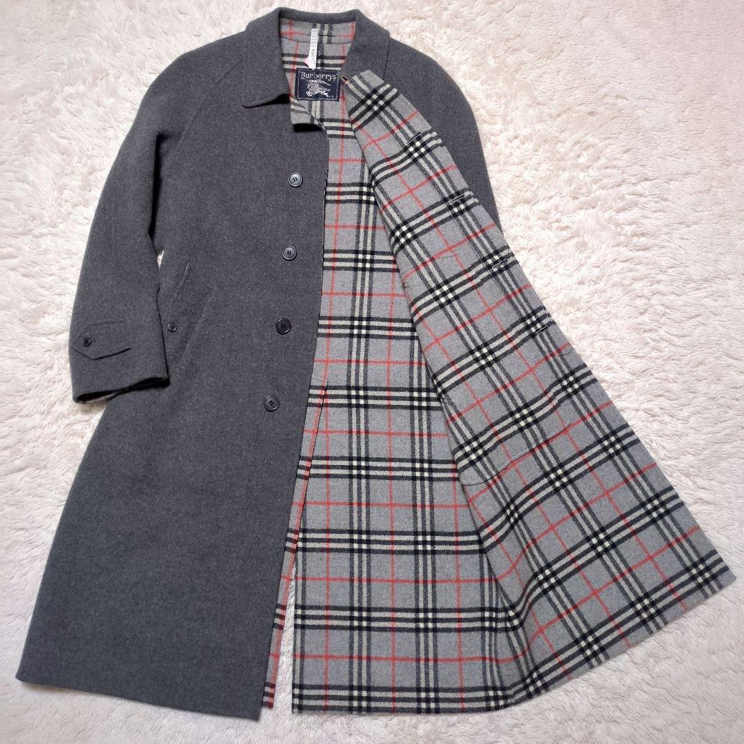 美品！バーバリー　ウールロングコート　L　裏地ノバチェック　グレー　ベルト付き
