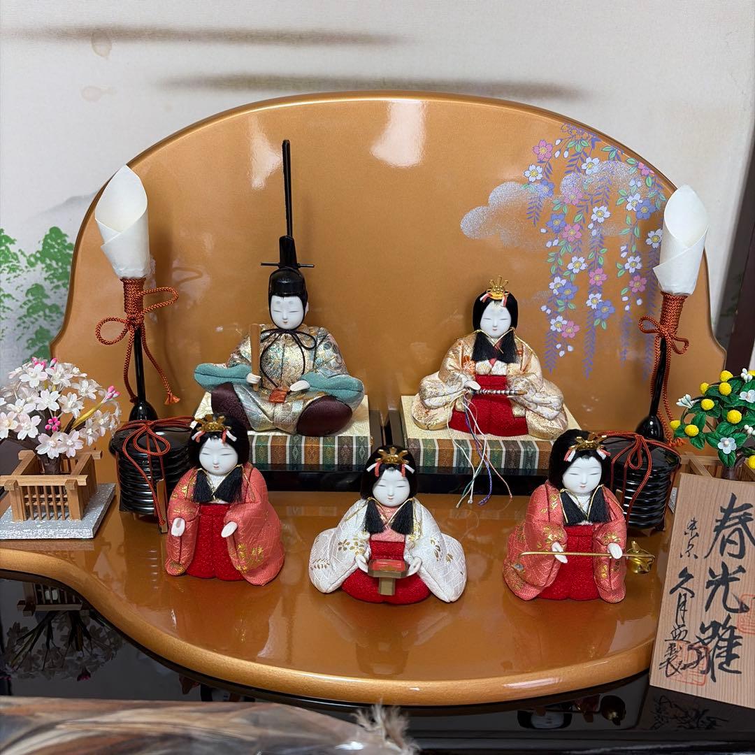 雛人形 5体セット　台座屏風　羽はたき付き