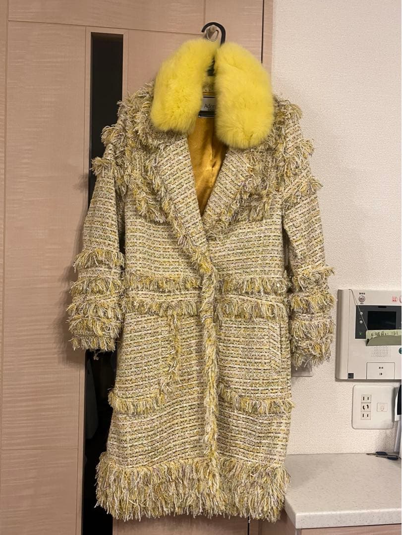 アドニシス/イエロー ツイードコート ファー襟付き