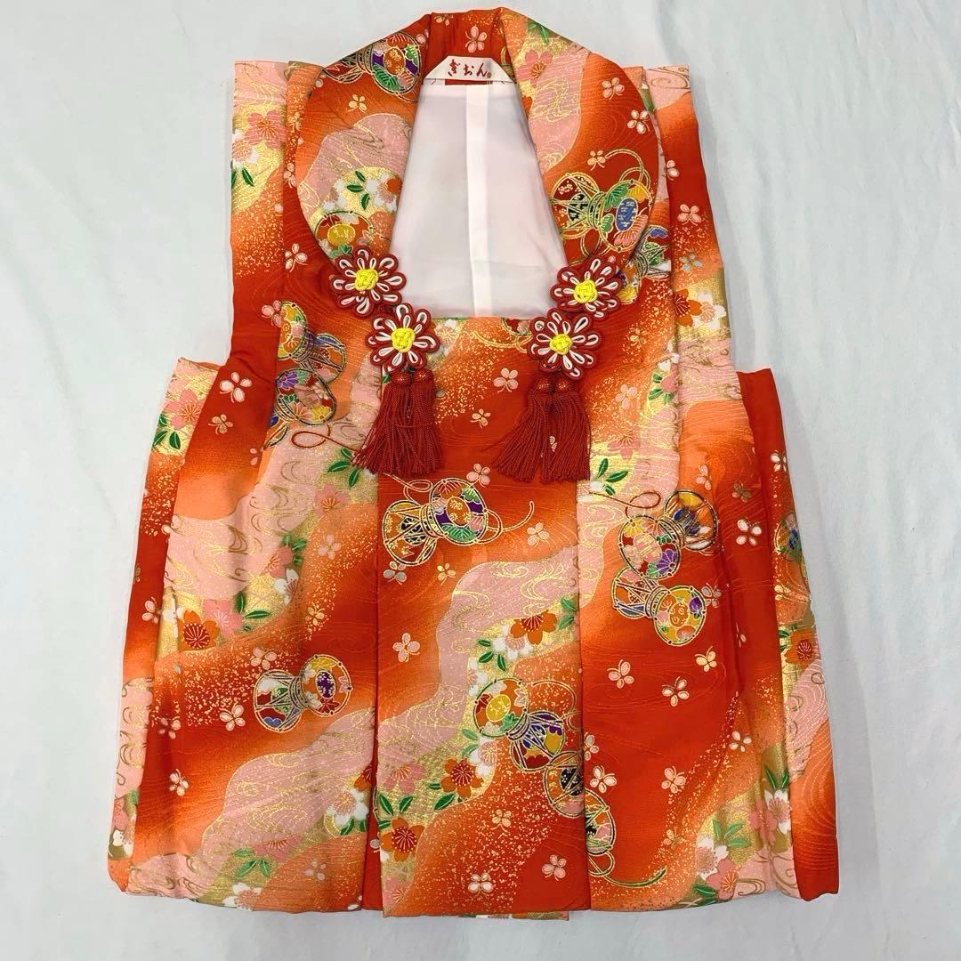 602agu4□七五三 三歳 女の子 着物&被布 金彩 御所車□美品