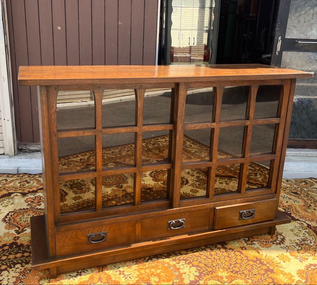 民芸 水屋箪笥 食器棚 和 格子ガラス 引き戸 古民家 昭和レトロ 飾り棚