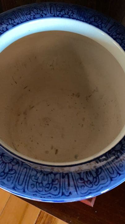 古物　火鉢　瀬戸火鉢　メダカ鉢　山水画　染付