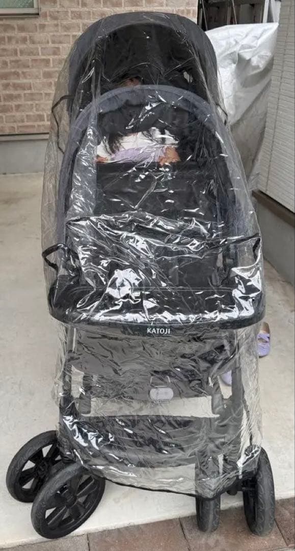 二人乗りベビーカー カトージ 二人でゴーDX デニム レインカバー付き