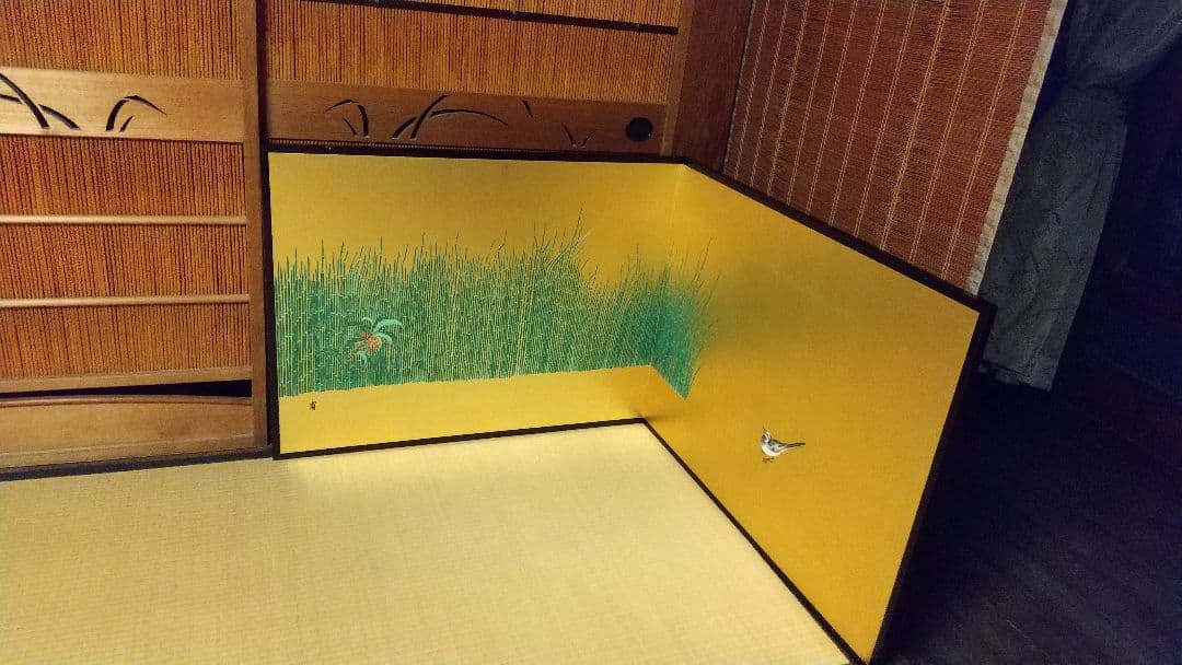 風炉先屏風 ！木賊に鶺鴒 裏は墨絵 竹に雀 リバーシブル 表裏使えます！